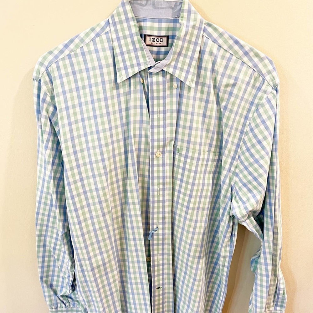 Izod Button Down Plaid Long Sleeve Dress Shirt M - Picture 2 of 8